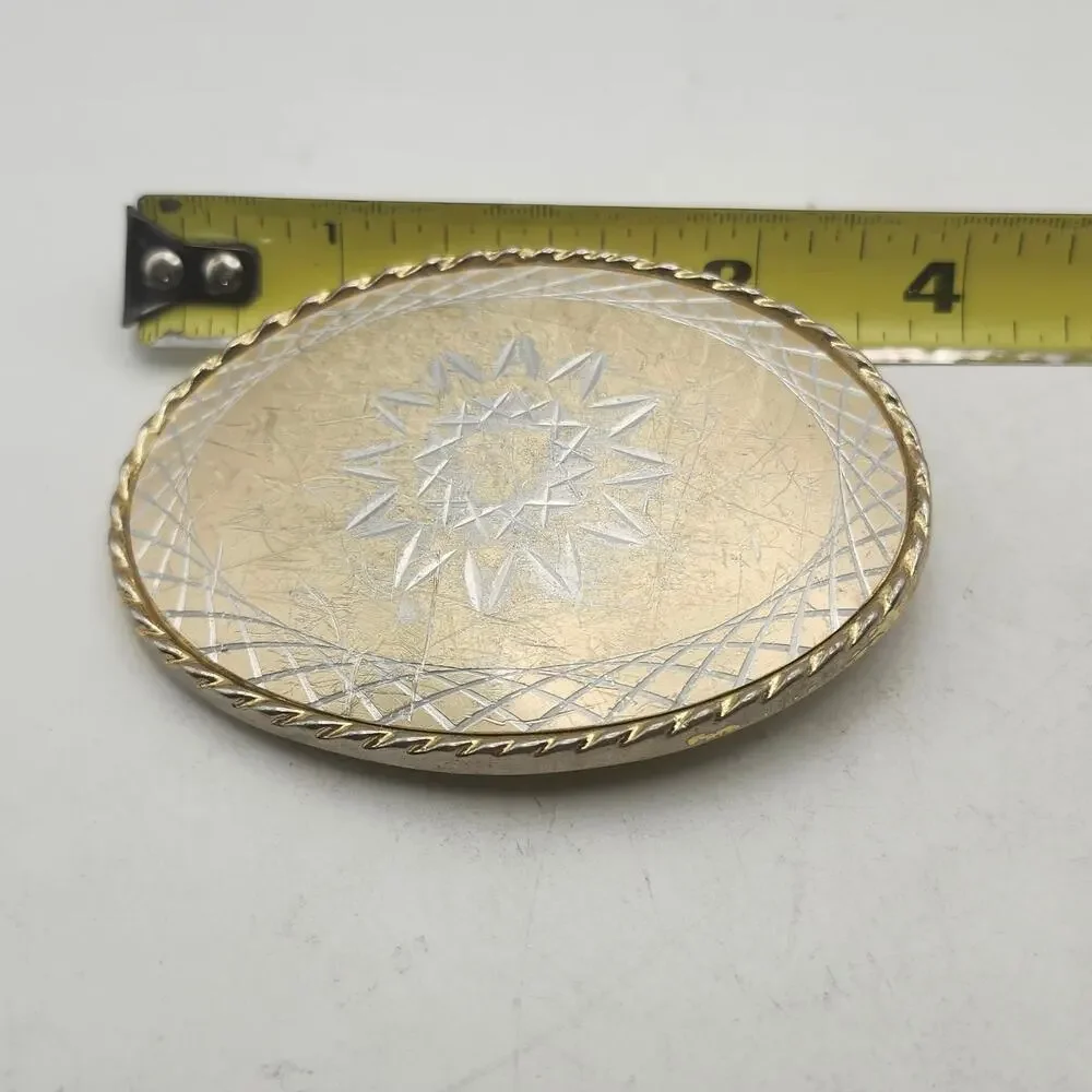 Vintage 1980s Oval Two Tone Starburst Etched Western Cowboy Rodeo Belt Buckle W
